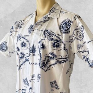Vintage Shoreline Hawaiian Shirt Hawaii Islands Blue/White Map Print - Men's M